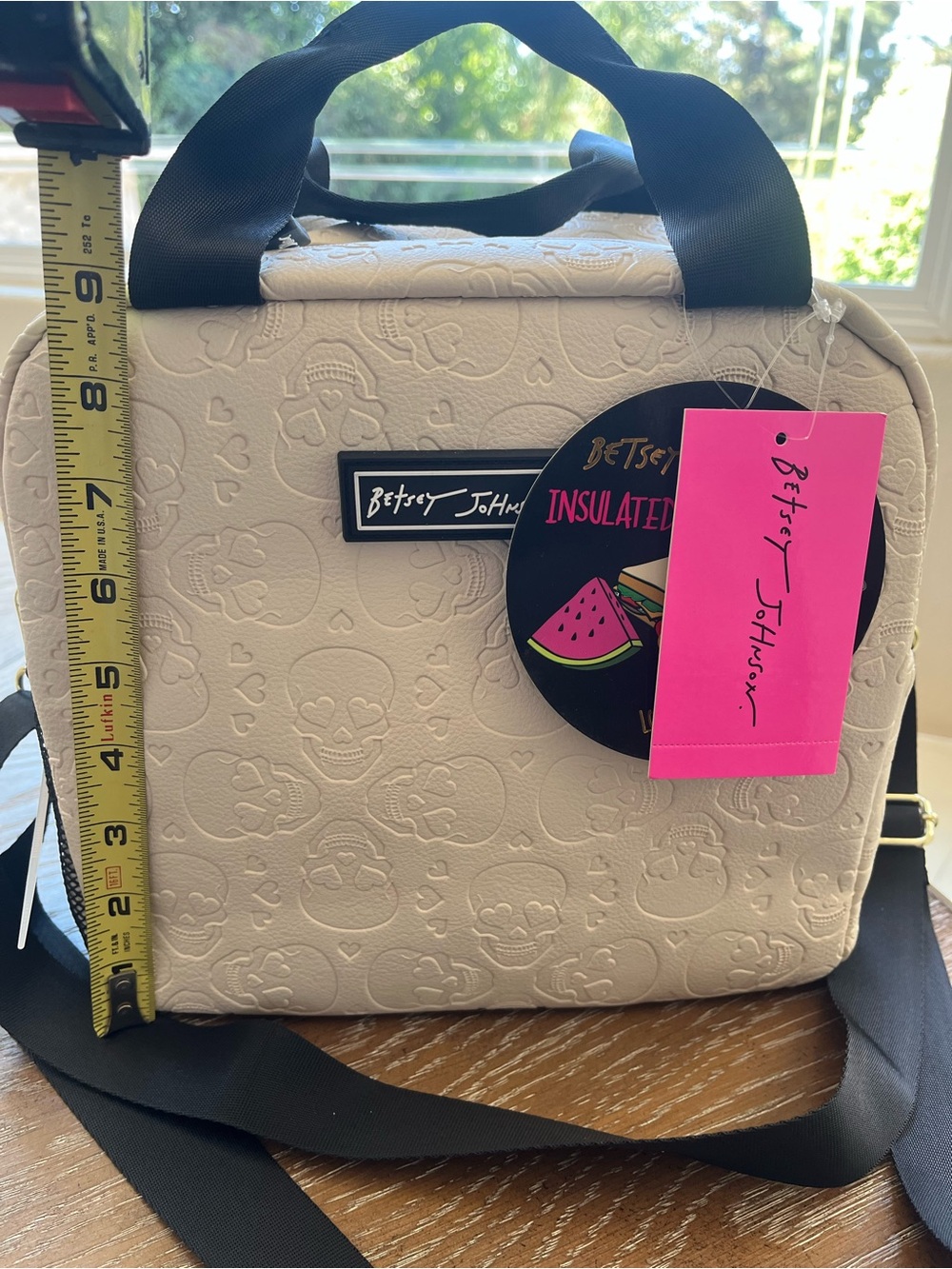 Betsey Johnson Cream Embossed Skull Insulated Lunch Tote Bag with Black Straps
